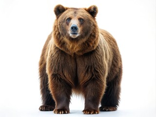 Close-Up Full Body Shot Of A Large Brown Bear Standing Upright Against A White Background