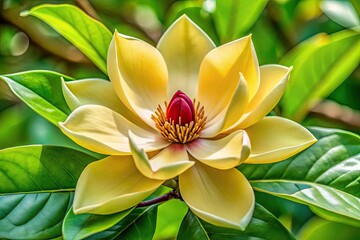 Close-Up Of A Fragrant Magnolia Champaca Flower With Its Distinctive Yellow Petals And Dark Red Stamens Blooming Amidst Lush Greenery