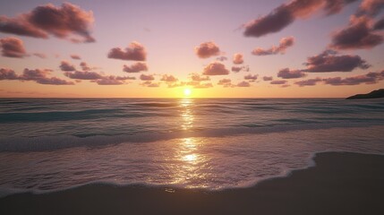 Obraz premium Beautiful sunset over a tranquil beach with gentle waves and colorful clouds during early evening at a serene ocean location