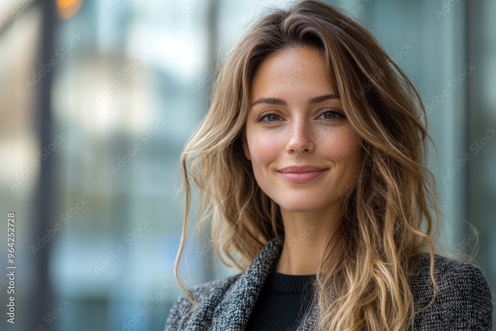 Wall mural a woman with long brown hair and a black shirt is smiling