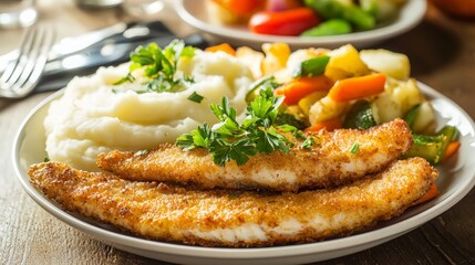 Delicious Fried Fish with Mashed Potatoes and Roasted Vegetables