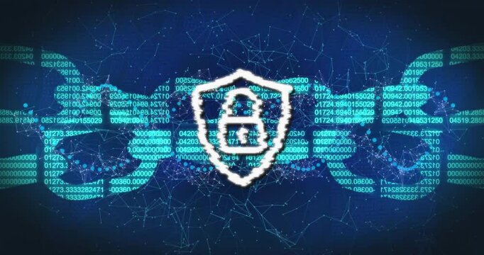 Shield with lock icon and binary code over digital network connections