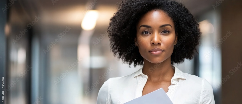 Wall mural a woman with curly hair is standing in a hallway and holding a piece of paper. she has a serious exp