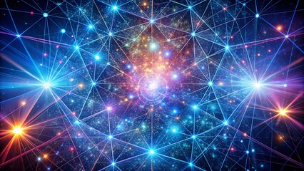 Fototapeta premium Cosmic network with neon geometric shapes and AI universe. Perfect for: Sci-fi conventions, Tech summits, Futuristic art exhibits, AI development showcases