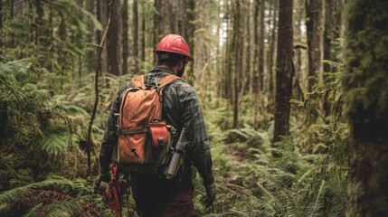 Obraz premium A logger navigating through a dense forest with a backpack of tools and safety gear ready for a days work
