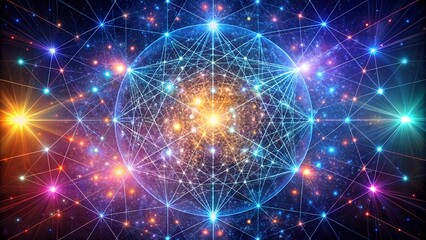 Cosmic network with neon geometric shapes and AI universe. Perfect for: Sci-fi conventions, Tech summits, Futuristic art exhibits, AI development showcases