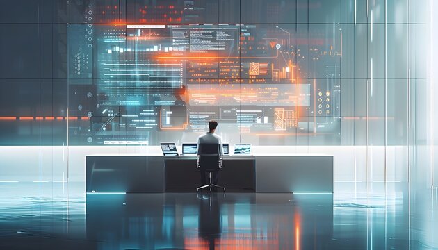 Mann sitzt an einem gro&szlig;en Schreibtisch und beaufsichtigt Monitore