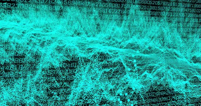 Digital data visualization with binary code and wave patterns, representing data processing