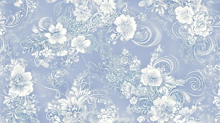 Soft blue floral pattern with intricate designs featuring various flowers and swirls on a light background