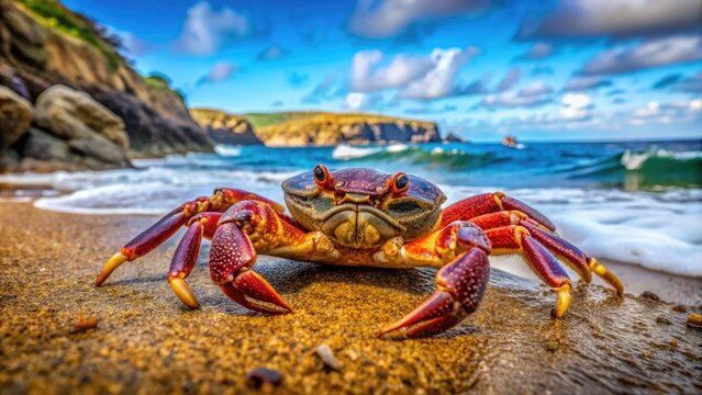Close-Up Of Vividly Colored Swimmer Crab Resting On Damp Sand Near Ocean With Ocean And Rocks In The Background