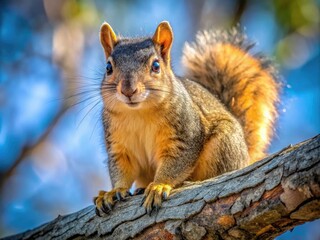 Fototapeta premium Close-Up Photograph Of A Fox Squirrel Perched On A Tree Branch In A Wildlife Refuge