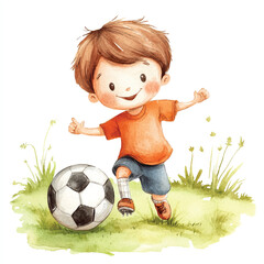 cute kid playing soccer watercolor clipart