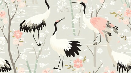 Naklejka premium Elegant cranes among soft pink flowers and delicate branches on a serene patterned background