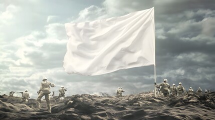 Soldiers raise a white flag of surrender against a dramatic sky.