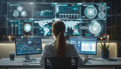 Frau sitzt vor Monitoren in einem riesigen Kontrollstelle 