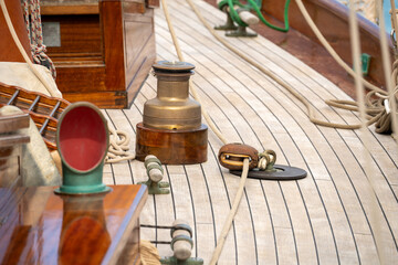 An old sailboat wooden deck. High quality photo. Antibes, France. Voiles d'Antibes