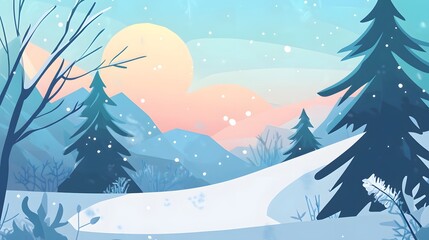 A snowy winter landscape with mountains, trees, and a bright sun in the sky.