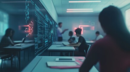 Students engaged in a technology lesson in a modern classroom with interactive digital displays during the afternoon