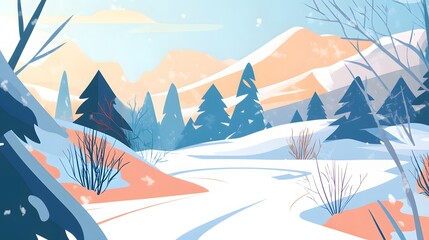 Snowy mountain landscape with a blue sky and falling snow.