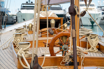 An old sailboat wooden deck. High quality photo. Antibes, France. Voiles d'Antibes