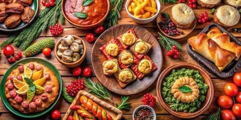 Fototapeta premium Colorful And Festive Spread Of Traditional Argentine Christmas Dishes Including Roasted Meats, Empanadas, And Sweet Treats, Surrounded By Festive Decorations.