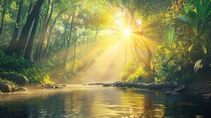 Morning sunlight filters through lush trees over a tranquil stream in a vibrant forest during early hours of the day