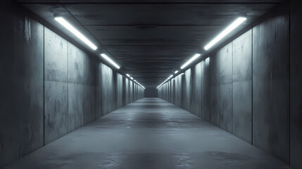 Dark concrete led white lights underground tunnel corridor cement asphalt hallway warehouse tunnel corridor metal structure realistic empty 3d rendering. 3D Render. Illustration