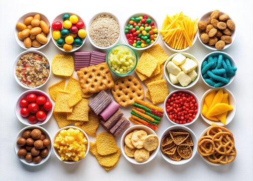 Colorful array of packaged snacks and treats, including chips, cookies, crackers, and candies, arranged on a white background, perfect for nutrition or consumerism themes.