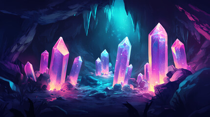 Fototapeta premium Dark, mysterious cave illuminated by glowing crystals and mineral formations. Crystal Cave. Illustration