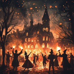 people celebrating Halloween night