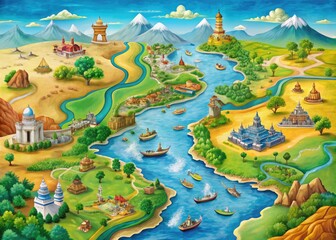 Colorful illustrated map of India showcasing major rivers including the Ganges, Brahmaputra, and Indus, flowing through lush green valleys and urban cities.