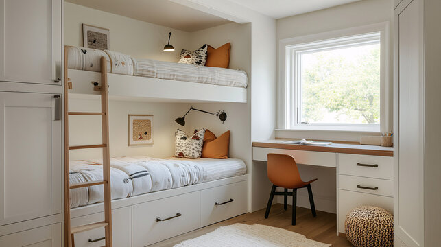A small kids&rsquo; room with a bunk bed that includes a built-in desk and drawers, maximizing play area and storage space

