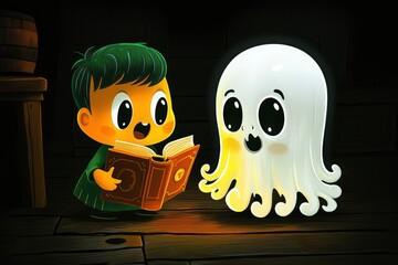 Obraz premium Boy Reading to Friendly Ghost