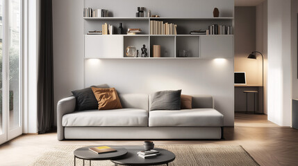A small living room featuring a convertible sofa bed, minimalist decor, and shelves that double as storage and display units