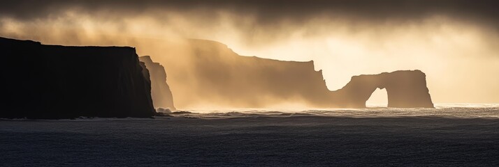 The cliffs and natural arch emerge from thick mist as the sun sets over the ocean, creating a...