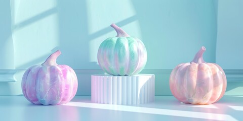 Three pastel marbled pumpkins in lavender, teal, and peach arranged neatly with a simple minimalist background. Captures soft morning light beautifully.