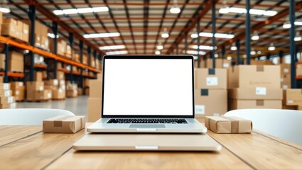 Laptop on a Desk in a Large Warehouse with Boxes
