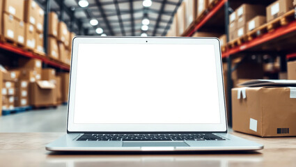 Laptop with blank screen in a warehouse