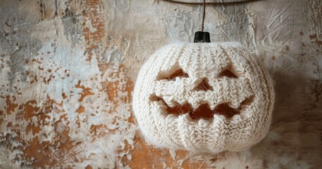 A whimsical knit covered Jack-o'-lantern hanging against a rustic background, bringing a cozy and quirky touch to Halloween decorations.