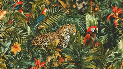 Obraz premium Colorful tropical wildlife featuring a leopard and parrots among lush foliage in a vibrant jungle habitat
