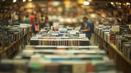 Fototapeta premium Vibrant Record Store Scene with Diverse Music Selection and Enthusiastic Customers