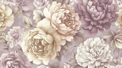 Beautiful peony floral pattern in soft pastel colors, ideal for interior design or fabric projects, showcasing intricate details and textures