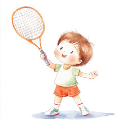 cute kid playing Badminton watercolor clipart