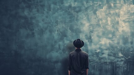 Obraz premium Man in Black Hat Contemplating Art in Moody Atmospheric Setting - Perfect for Creativity and Reflective Concepts