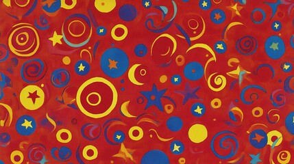 Fototapeta premium Brightly colored abstract pattern with swirls, stars, and circles on a vibrant red background
