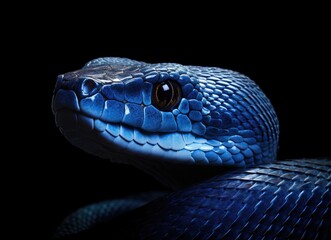Fototapeta premium Blue Snake with Intense Eyes on Black Background