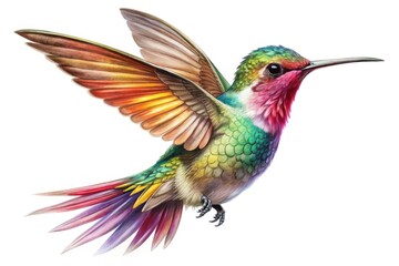 Fototapeta premium Delicate, intricately detailed line art illustration of a hummingbird in mid-flight, showcasing vibrant plumage and swift motion, set against a clean white background.