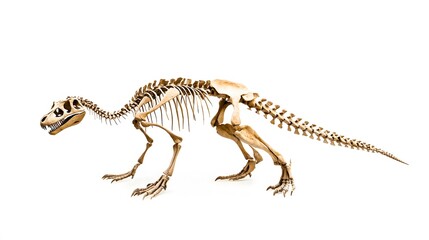 Obraz premium A dinosaur skeleton stands on a white background.