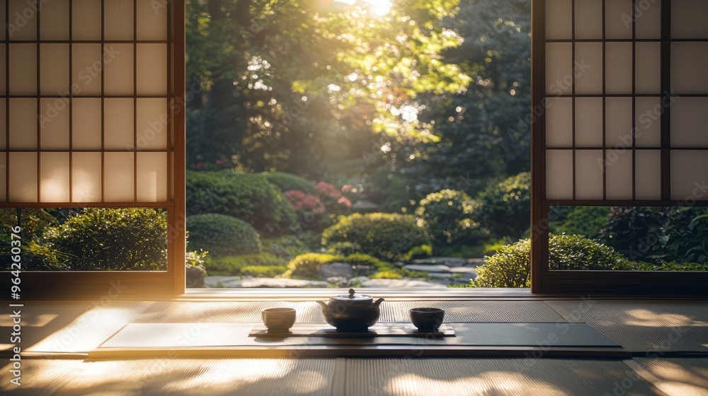 Wall mural Traditional Japanese tea set on a wooden floor with a sliding door open to a garden.