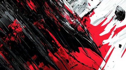 Dynamic abstract artwork featuring bold black, red, and white strokes creating an energetic composition with dramatic contrasts